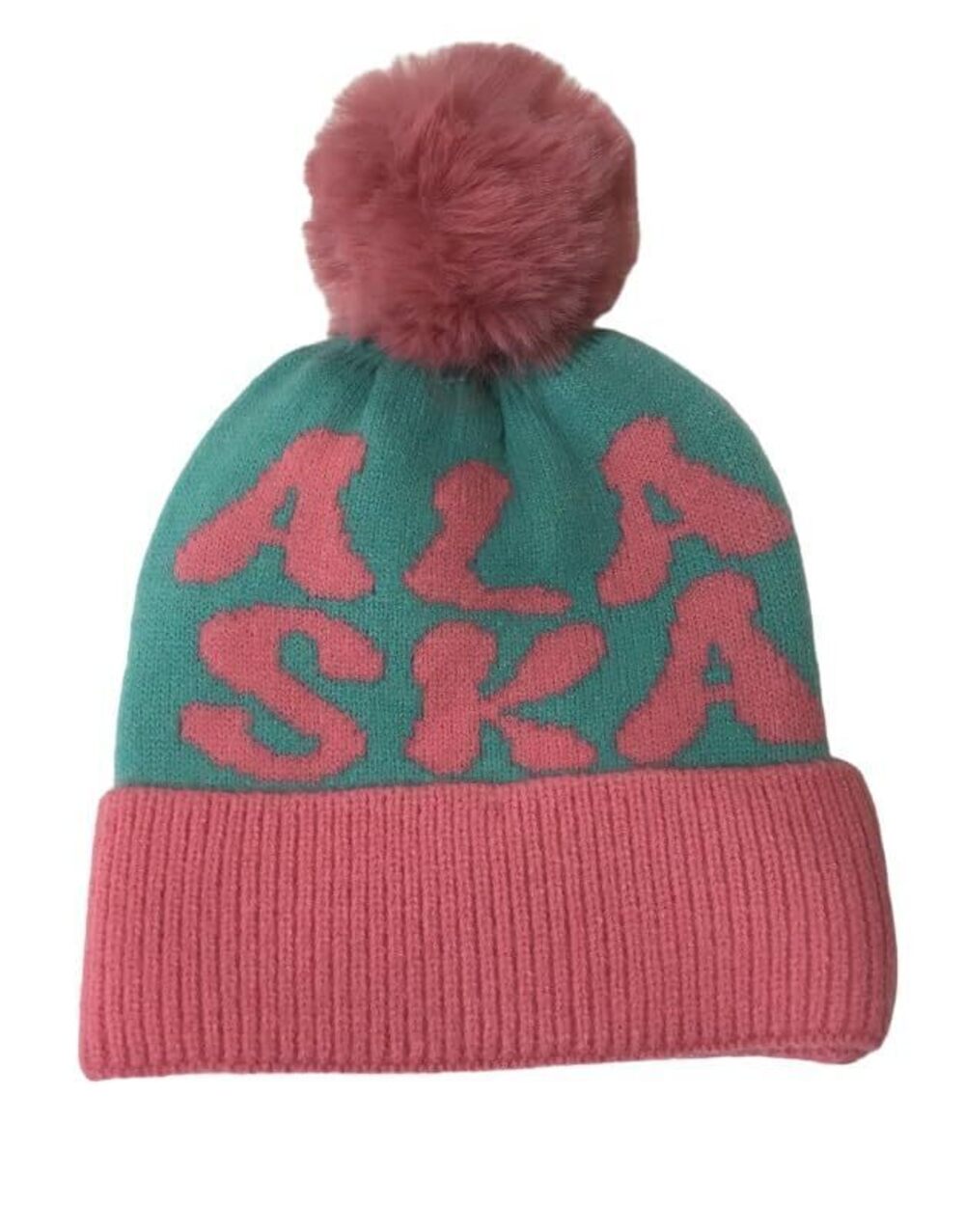 7971 Alaska Beanie Hat Quality Super Soft Pink Aqua Faux Fur Pom Pom, 5 5/8